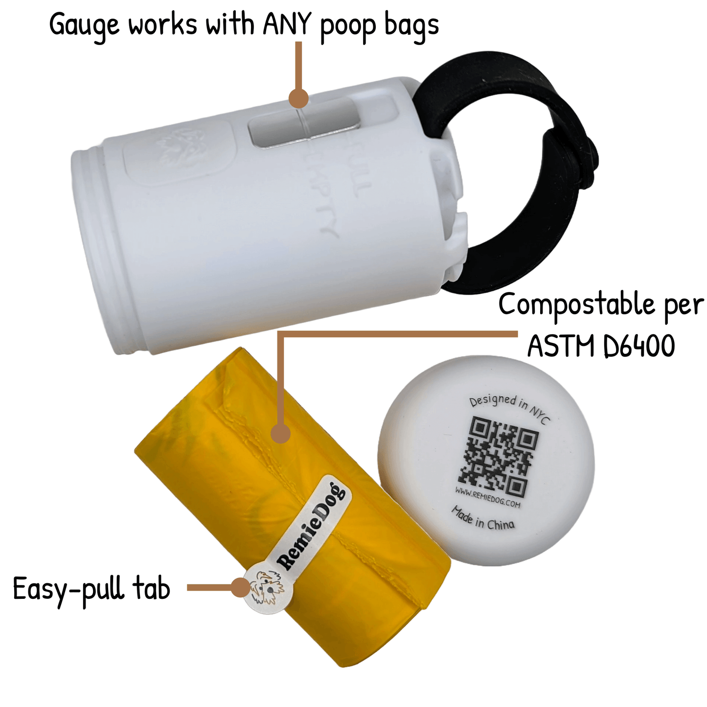 Dog Poop Bag Dispenser + One-by-One Compostable Bags Bundle
