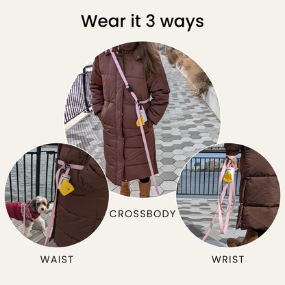 diagram showing three ways to wear remiedogs sutton slide hands free leash