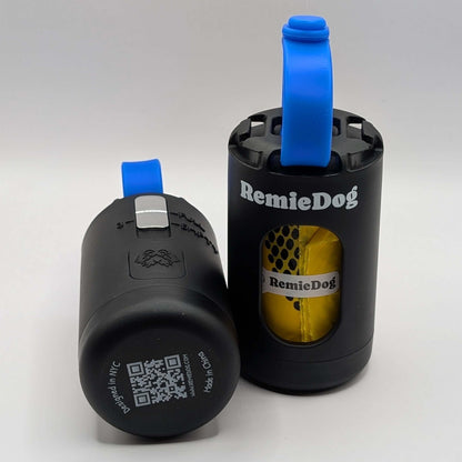 Two black dog poop bag holders with blue strap with RemieDog branding
