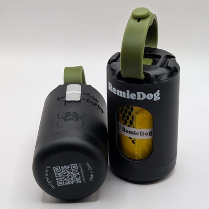 Two black dog poop bag holders with green strap with RemieDog branding