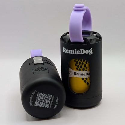 Two black dog poop bag holders with purple strap with RemieDog branding