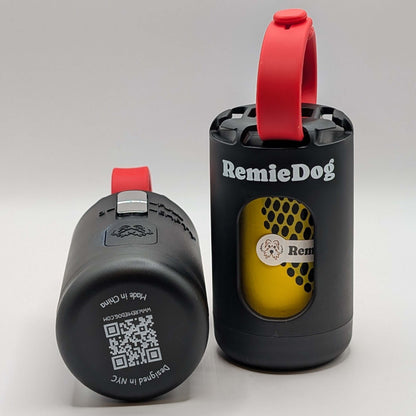 Two black dog poop bag holders with red strap with RemieDog branding