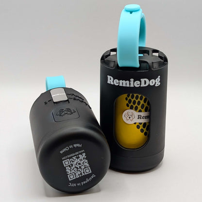 Two black dog poop bag holders with teal strap with RemieDog branding