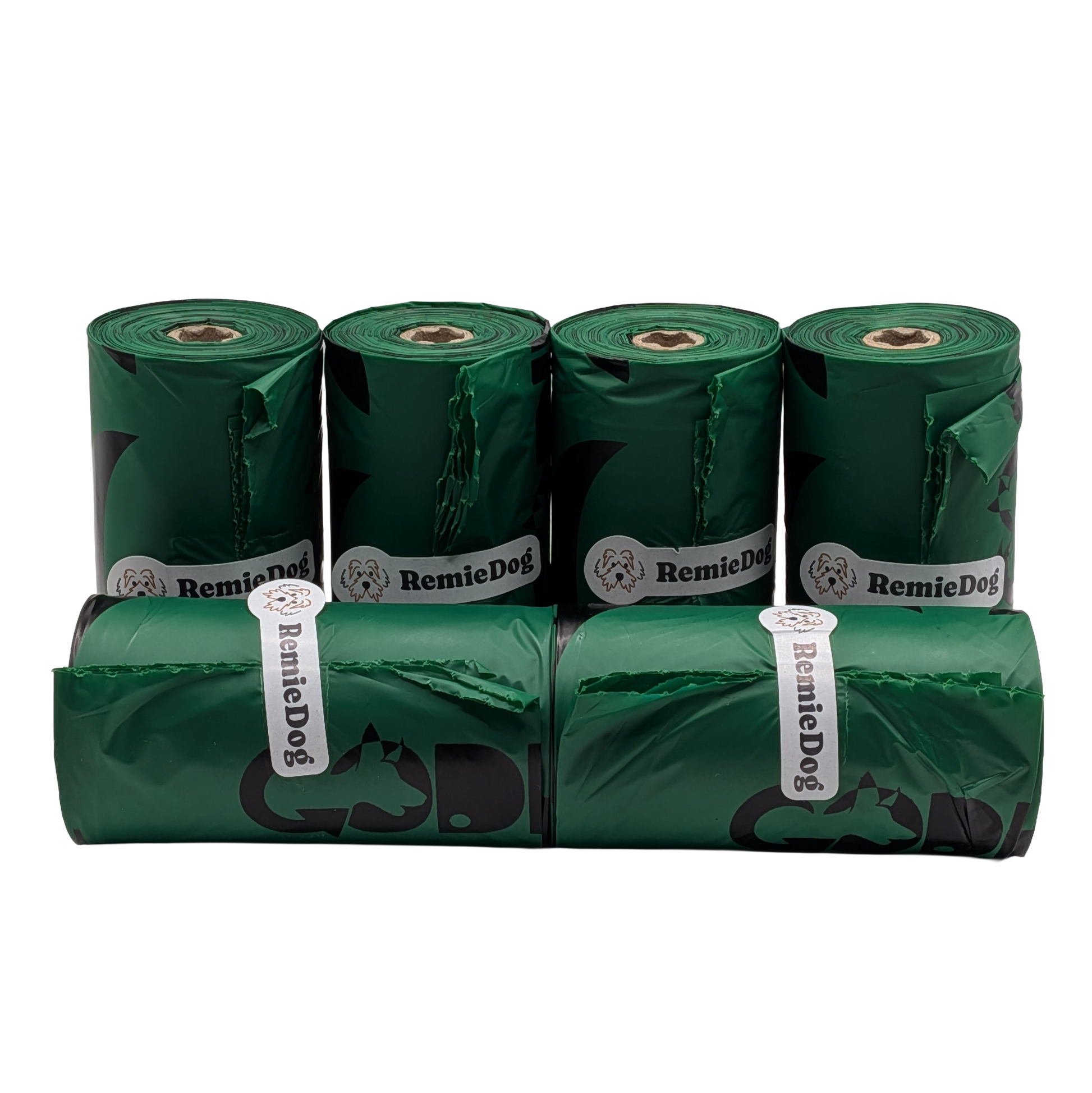 Six rolls of green dog waste bags with RemieDog branding on a white background